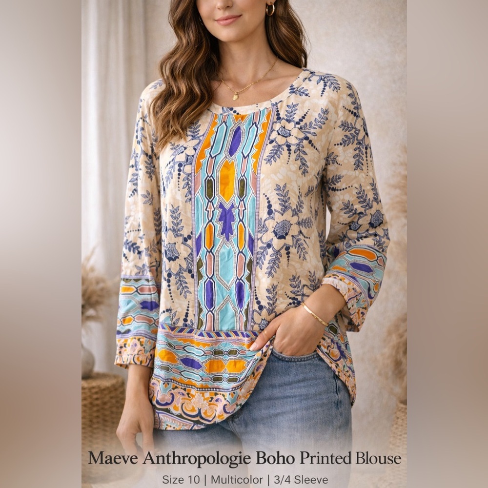 Maeve Anthropologie Multicolor Boho Floral blouse women’s size 10 3/4 sleeve
